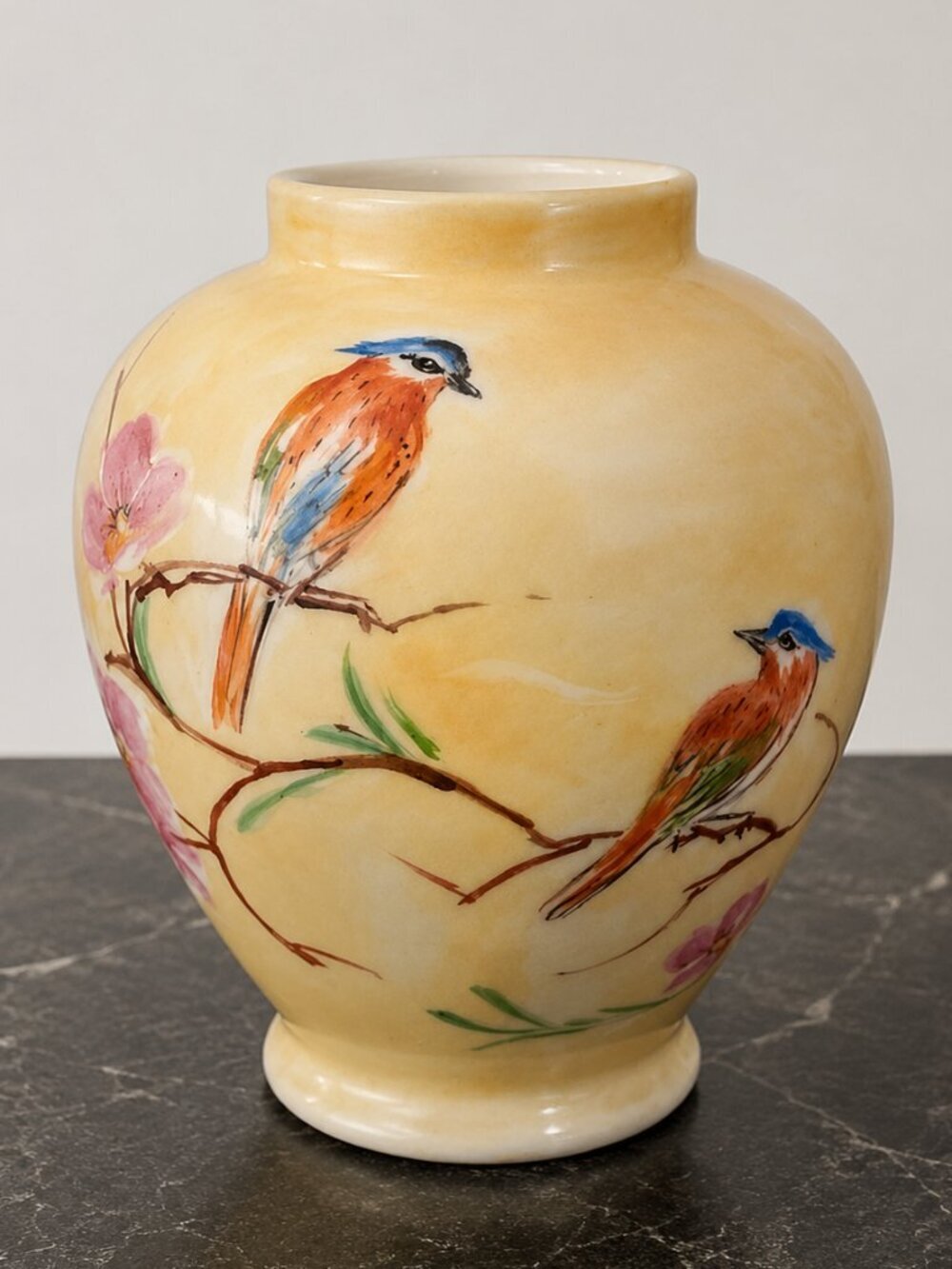 Hand-Painted Heinrich Bird & Floral Porcelain Vase Signed E.C. Carpaccio 6"